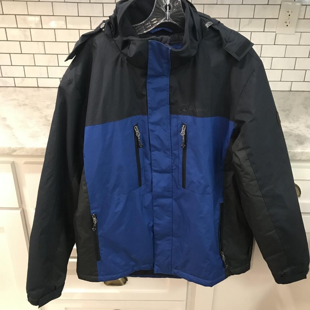 Free Country Jacket Mens Medium Blue Black Hooded Insulated Ski Snow Winter Coat